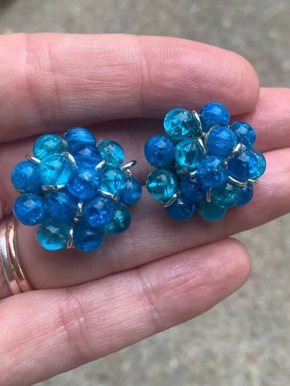 VTG 1950's Germany Blue Glass Crystal Button Cluster Clip Earrings